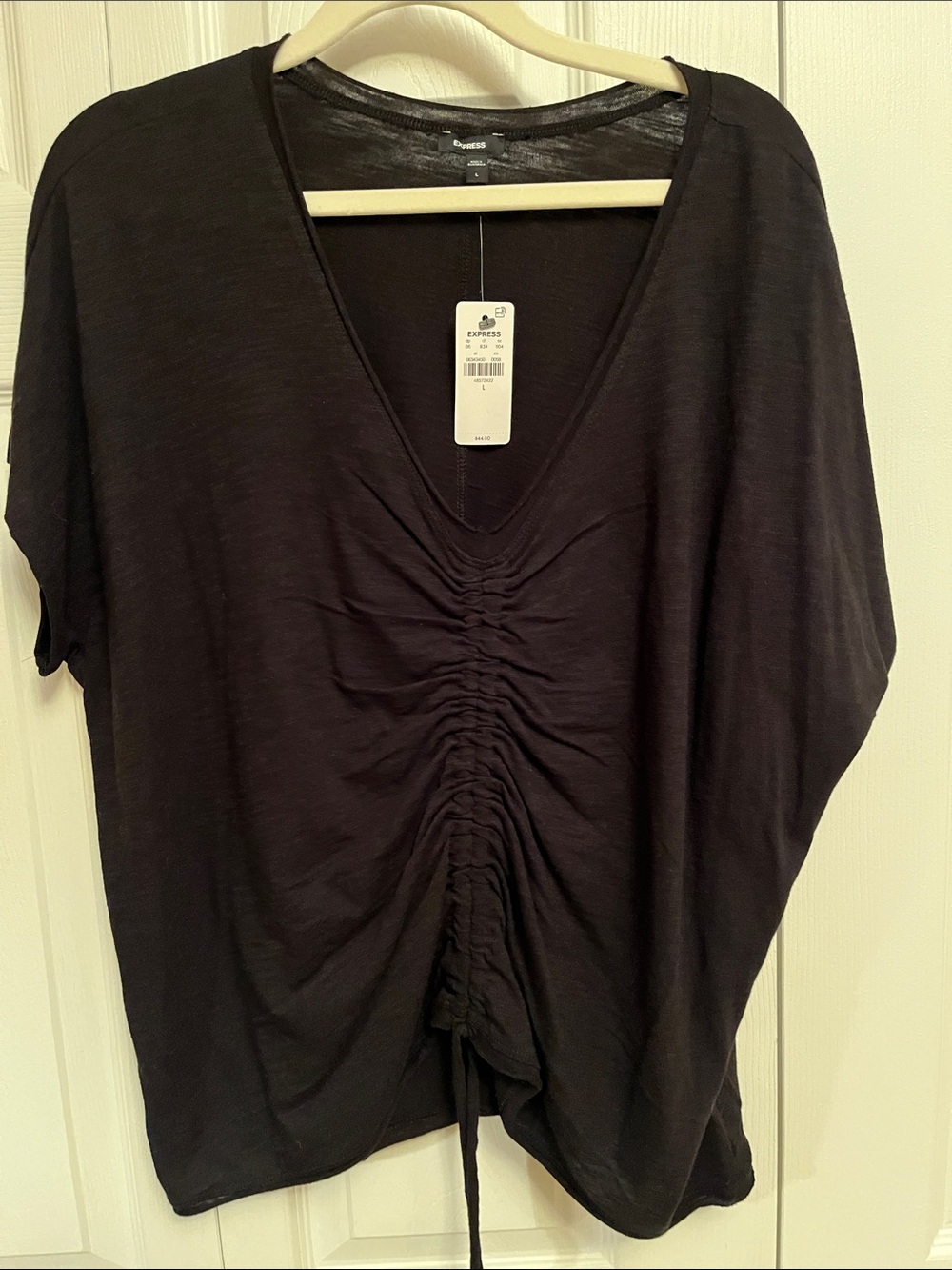 Express Black Ruched V-Neck Short Sleeve Top